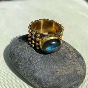 Julie Vos Gold Overlay Labradorite Ring with Delicate Gold Beading Throughout.